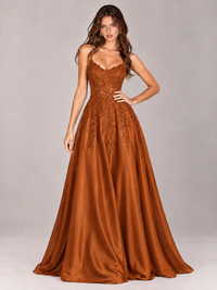 Lace Applique Satin A-Line Prom Dress with Sheer Bodice
