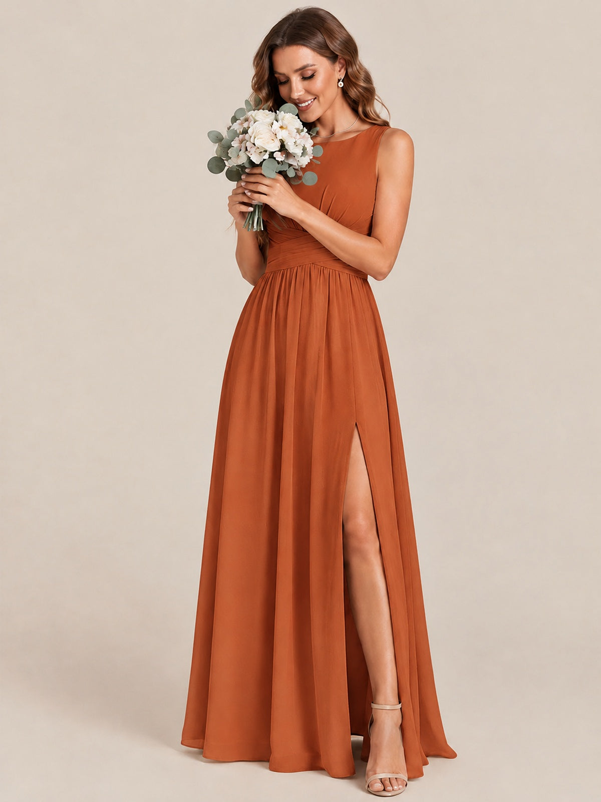 A-line Sleeveless Rucehd Chiffon Bridesmaid Dress with High Slit