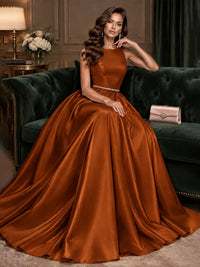 Satin A-Line Prom Dress Sleeveless Beaded Waist Formal Gown with Pockets