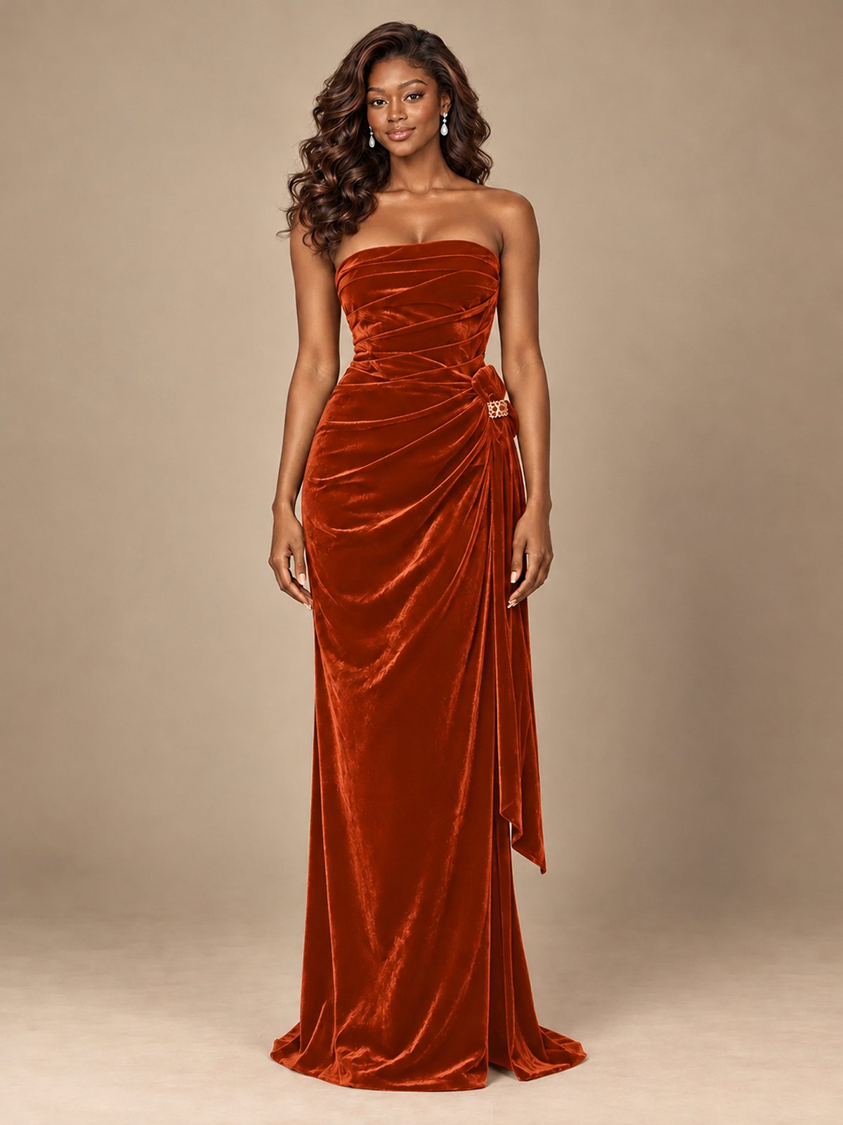 Burgundy Velvet Strapless Ruched Prom Dress with Jeweled Side Drape