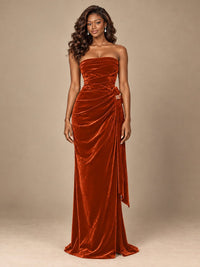 Burgundy Velvet Strapless Ruched Prom Dress with Jeweled Side Drape