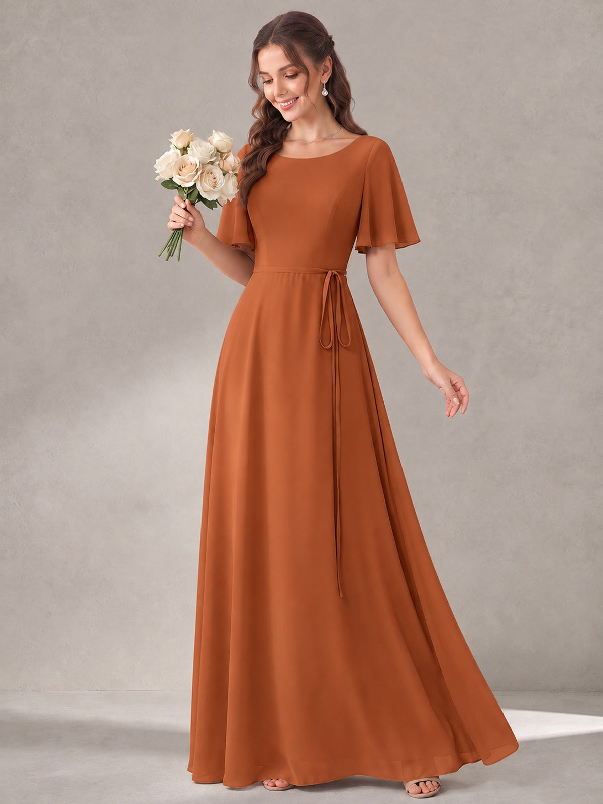 Scoop Neck A-line Chiffon Bridesmaid Dress with Flutter Sleeve & Belt