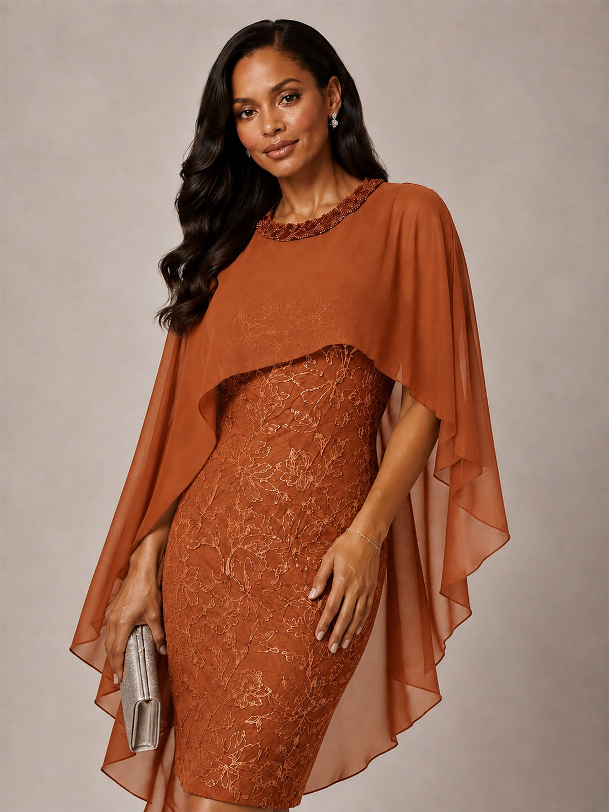 Floral Sheath Mother of the Bride Dress with Cape Overlay