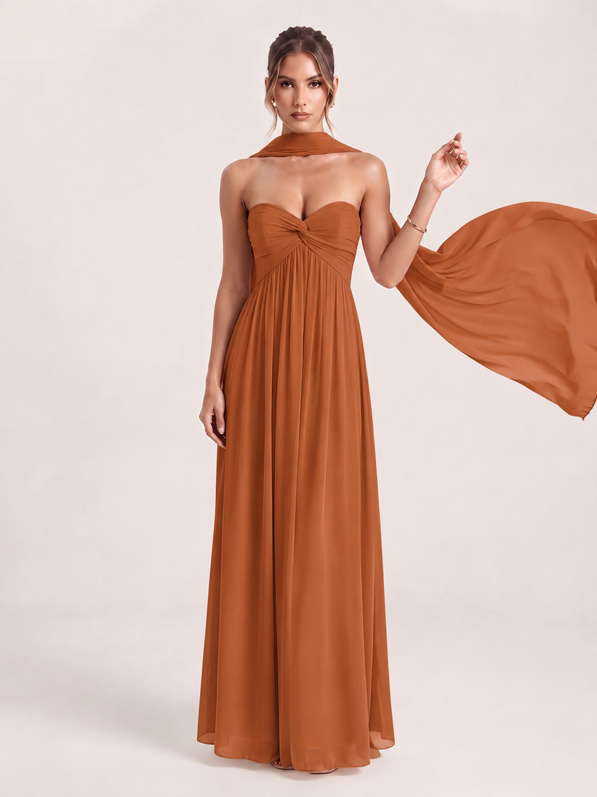 Strapless Ruched Chiffon Long Prom Dress with Scarf