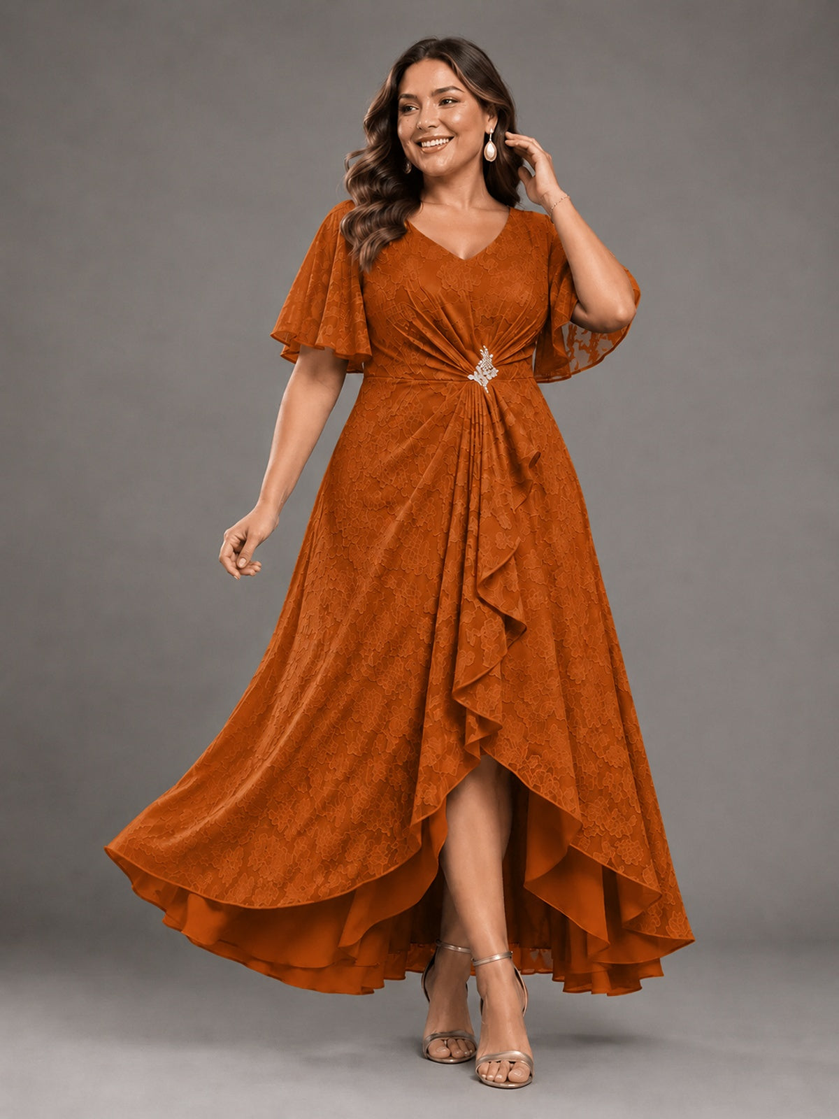 Jacquard Chiffon A-Line V-Neck High-Low Mother of the Bride Dress