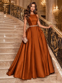 Satin A-Line Prom Dress Sleeveless Beaded Waist Formal Gown with Pockets