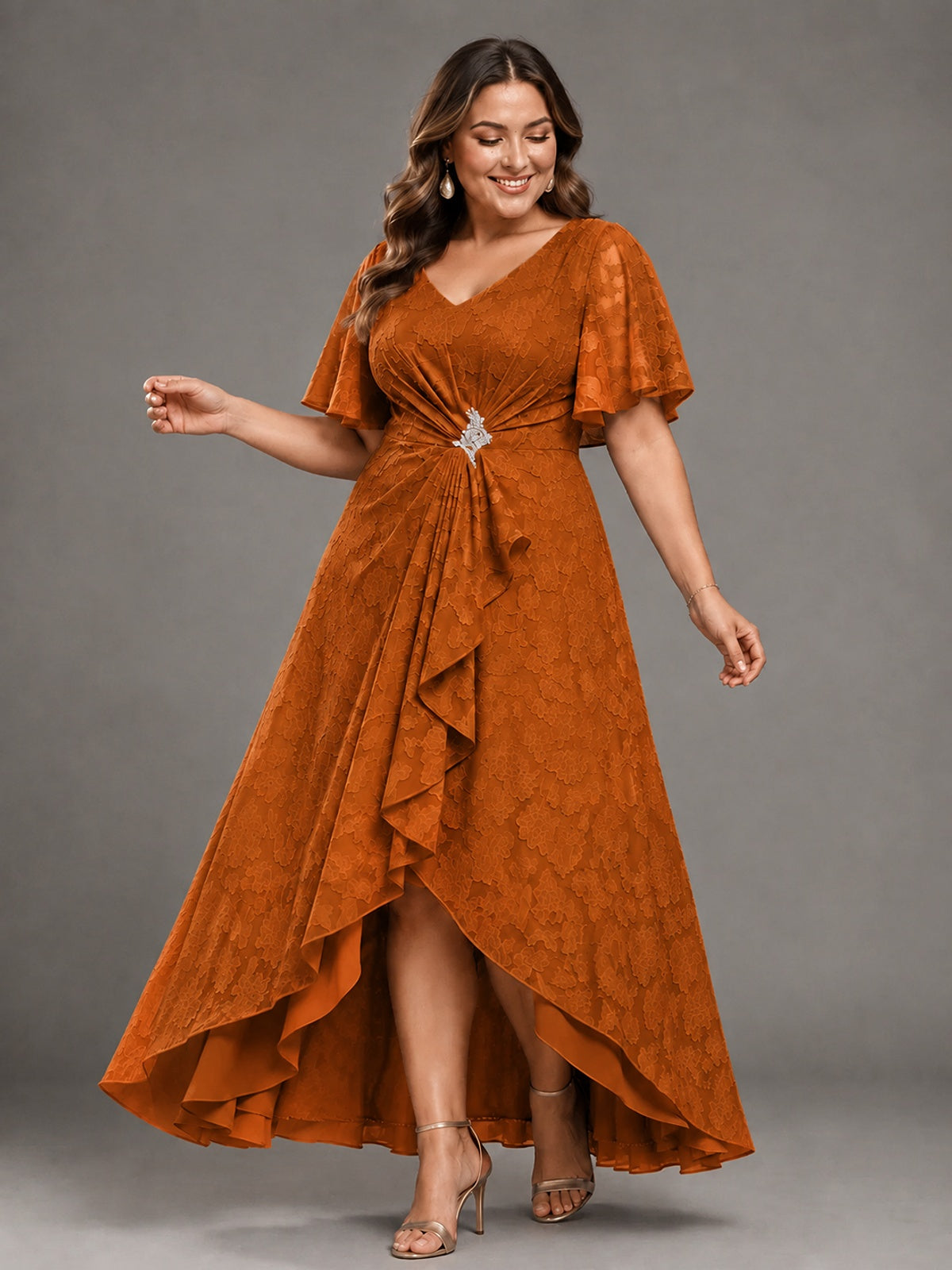 Jacquard Chiffon A-Line V-Neck High-Low Mother of the Bride Dress