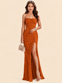 Sequin Lace Appliques Mermaid Prom Dress Spaghetti Strap Formal Gowns with Slit