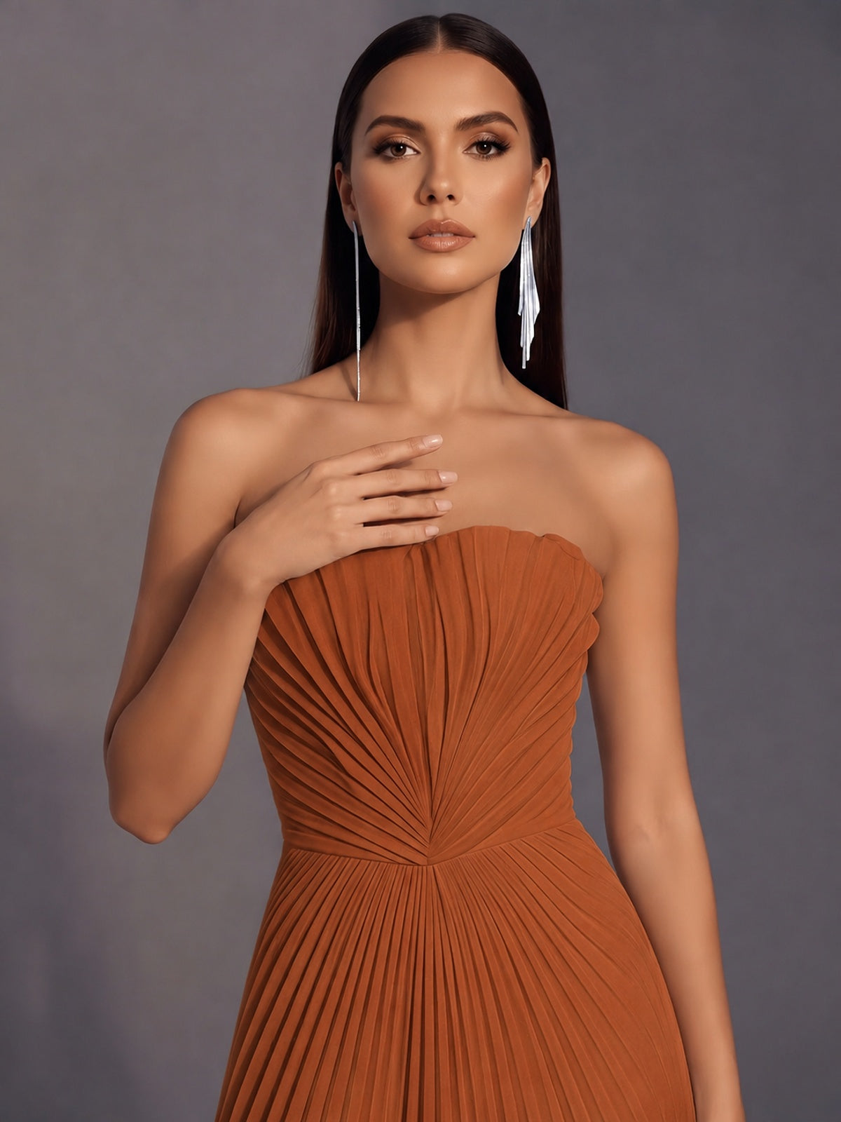 Strapless A-line Long Pleated Satin Prom Dress