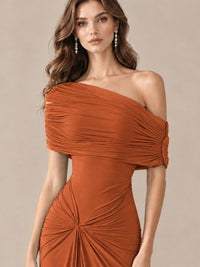 Elegant Draped Off Shoulder Ruched Mermaid Chiffon Formal Evening Gown