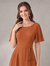Scoop Neck A-line Chiffon Bridesmaid Dress with Flutter Sleeve & Belt