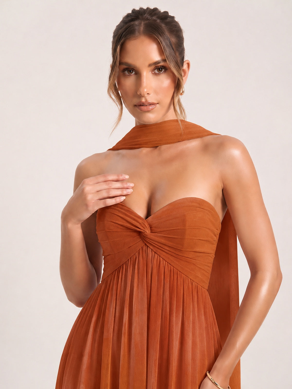 Strapless Ruched Chiffon Long Prom Dress with Scarf