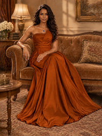 Draped Satin Prom Dress Strapless A-line Formal Dress Floor Length