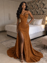 Beaded Sequin Prom Dress Strapless Formal Gowns with High Slit Train