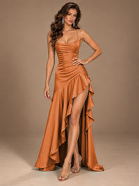Burgundy Spaghetti Strap Ruched Prom Dress with Ruffled High Slit