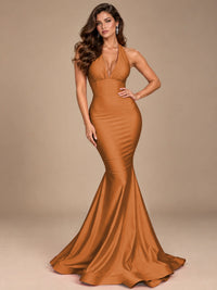 Pink Halter Deep V-Neck Ruched Mermaid Prom Dress