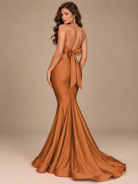 Pink Halter Deep V-Neck Ruched Mermaid Prom Dress