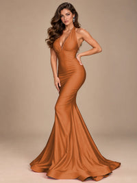 Pink Halter Deep V-Neck Ruched Mermaid Prom Dress