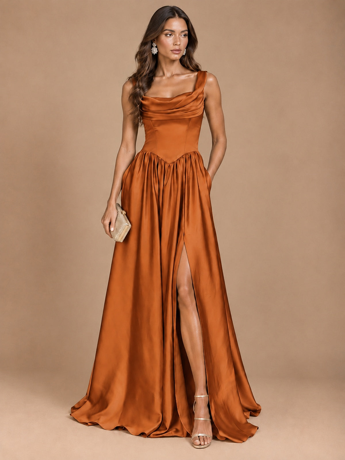 Cowl Neck Pleated Satin Prom Dress with Pockets & Slit Maxi Formal Gowns