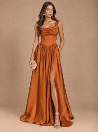 Cowl Neck Pleated Satin Prom Dress with Pockets & Slit Maxi Formal Gowns