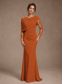 Dusty Rose Illusion Long Sleeve Chiffon Applique Mother of The Bride Dress