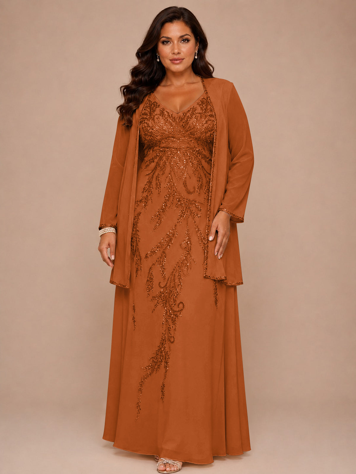 Champagne Beaded Chiffon Mother of the Bride Dress with Jacket V-Neck Gown