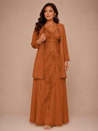 Champagne Beaded Chiffon Mother of the Bride Dress with Jacket V-Neck Gown