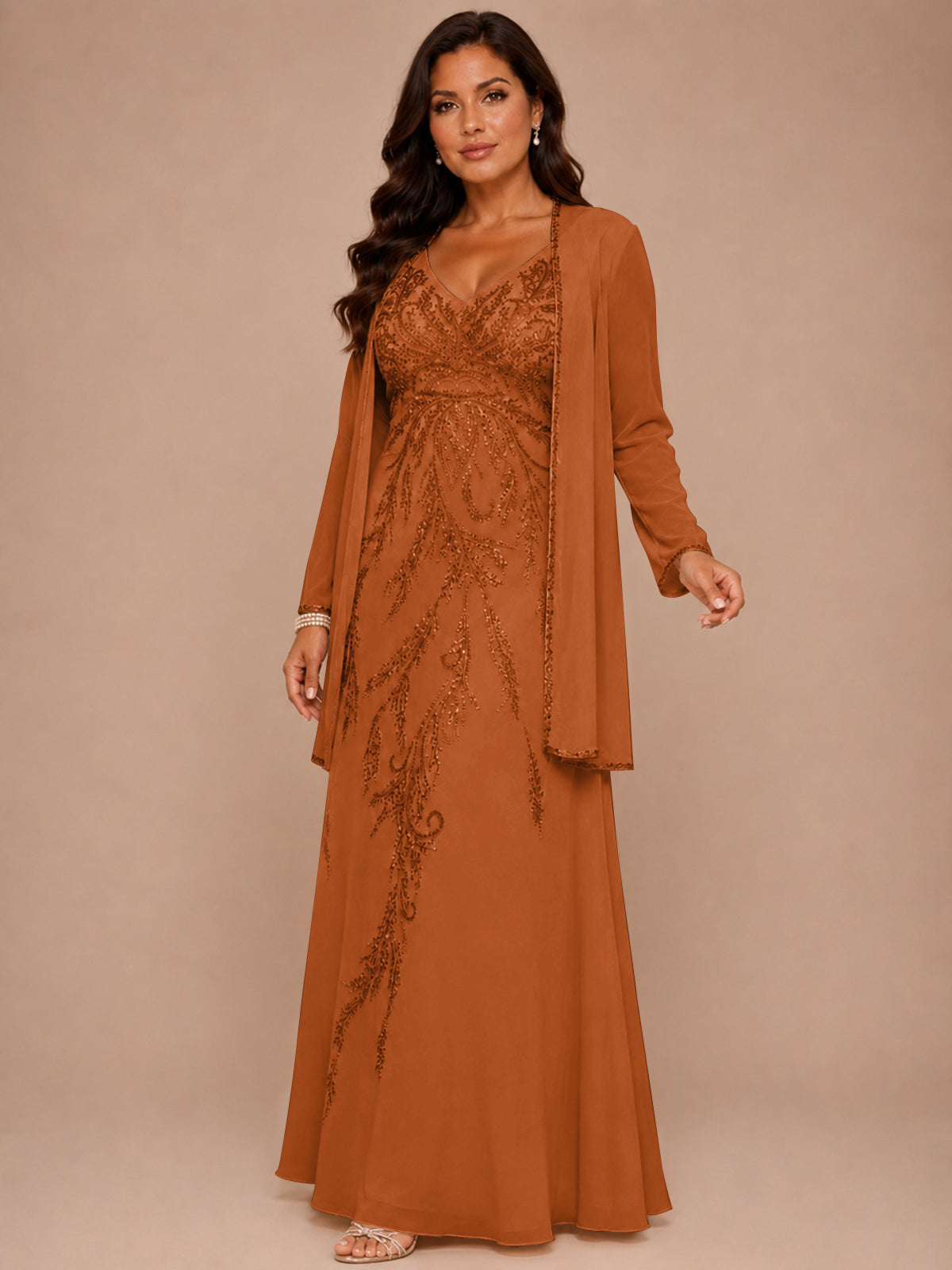 Champagne Beaded Chiffon Mother of the Bride Dress with Jacket V-Neck Gown