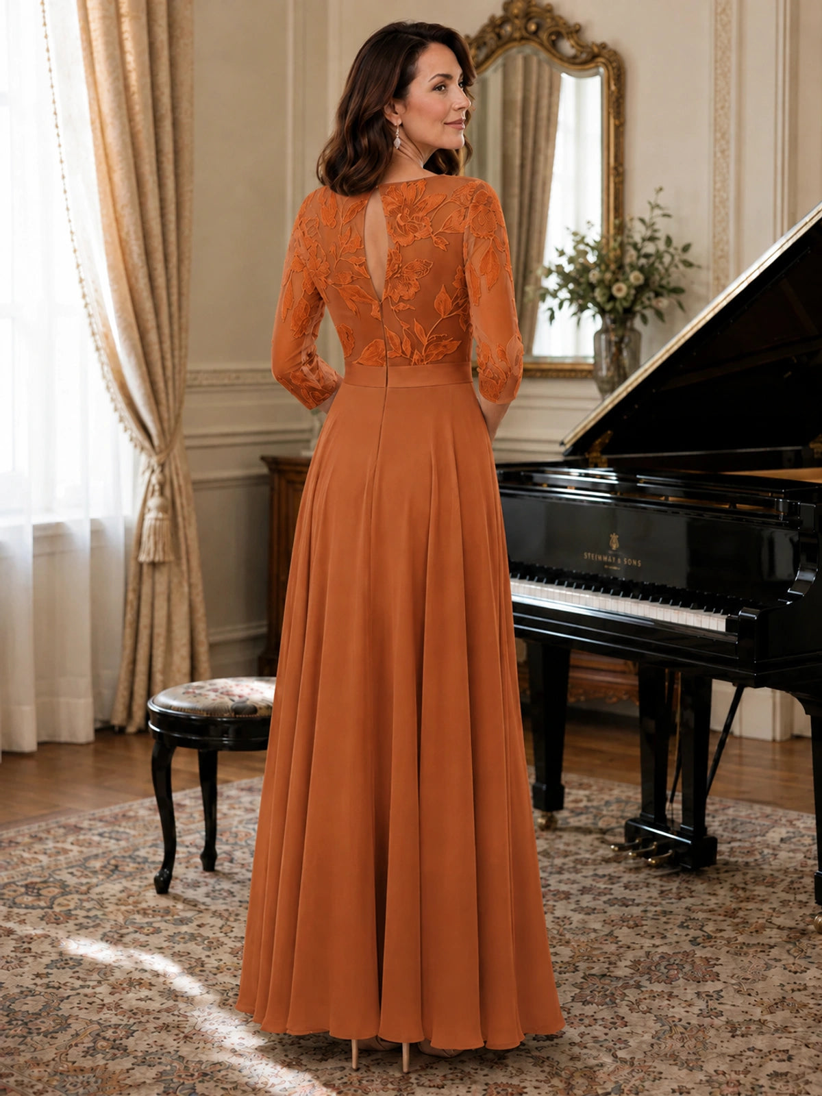 Lace Applique Wide-Leg Chiffon Mother of the Bride Jumpsuit