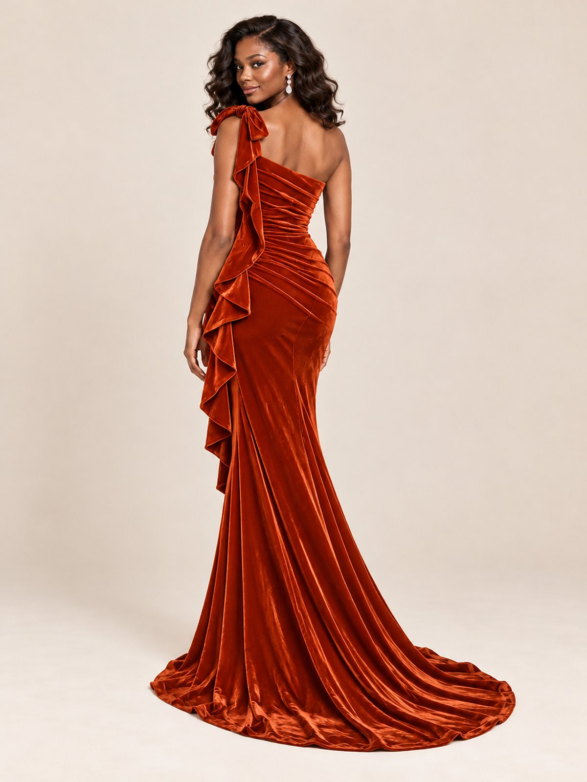 Black Velvet One-Shoulder Mermaid Evening Gown with Bow & Ruffles