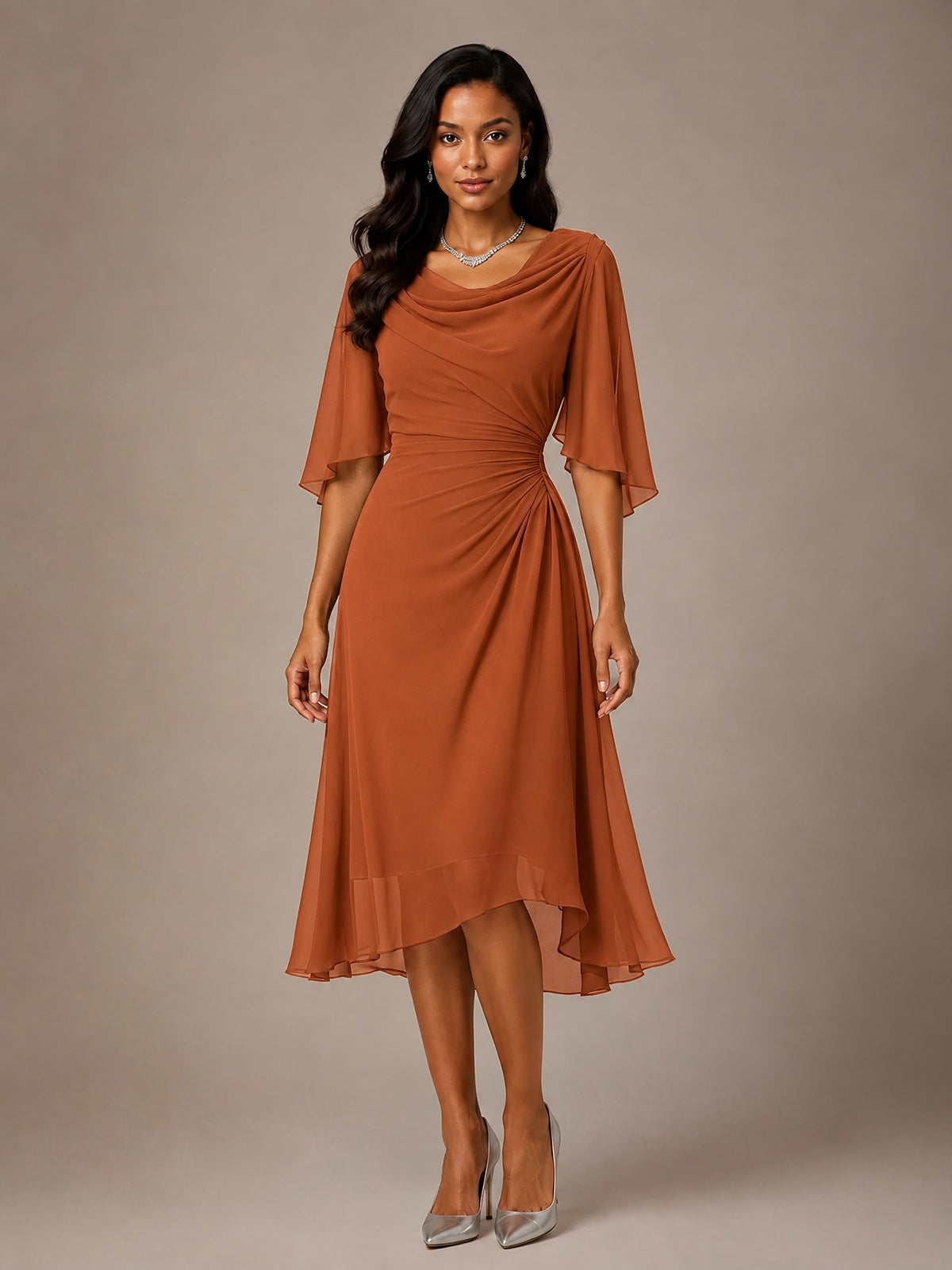 Cowl Neck Ruched Chiffon Mother of the Bride Dresses with Flutter Sleeves