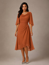Cowl Neck Ruched Chiffon Mother of the Bride Dresses with Flutter Sleeves