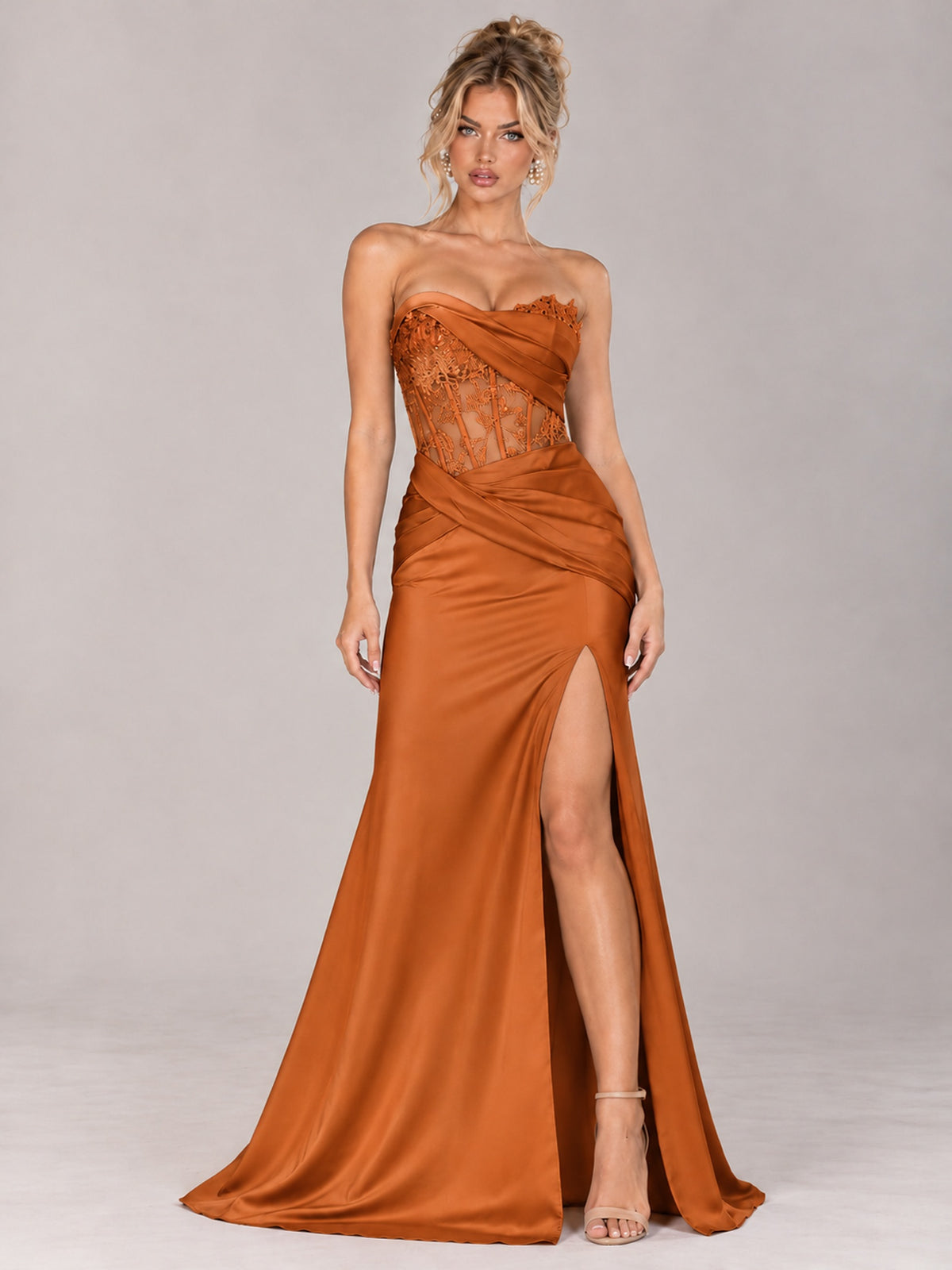 Strapless Satin Prom Dress with Sheer Lace Corset & High Slit