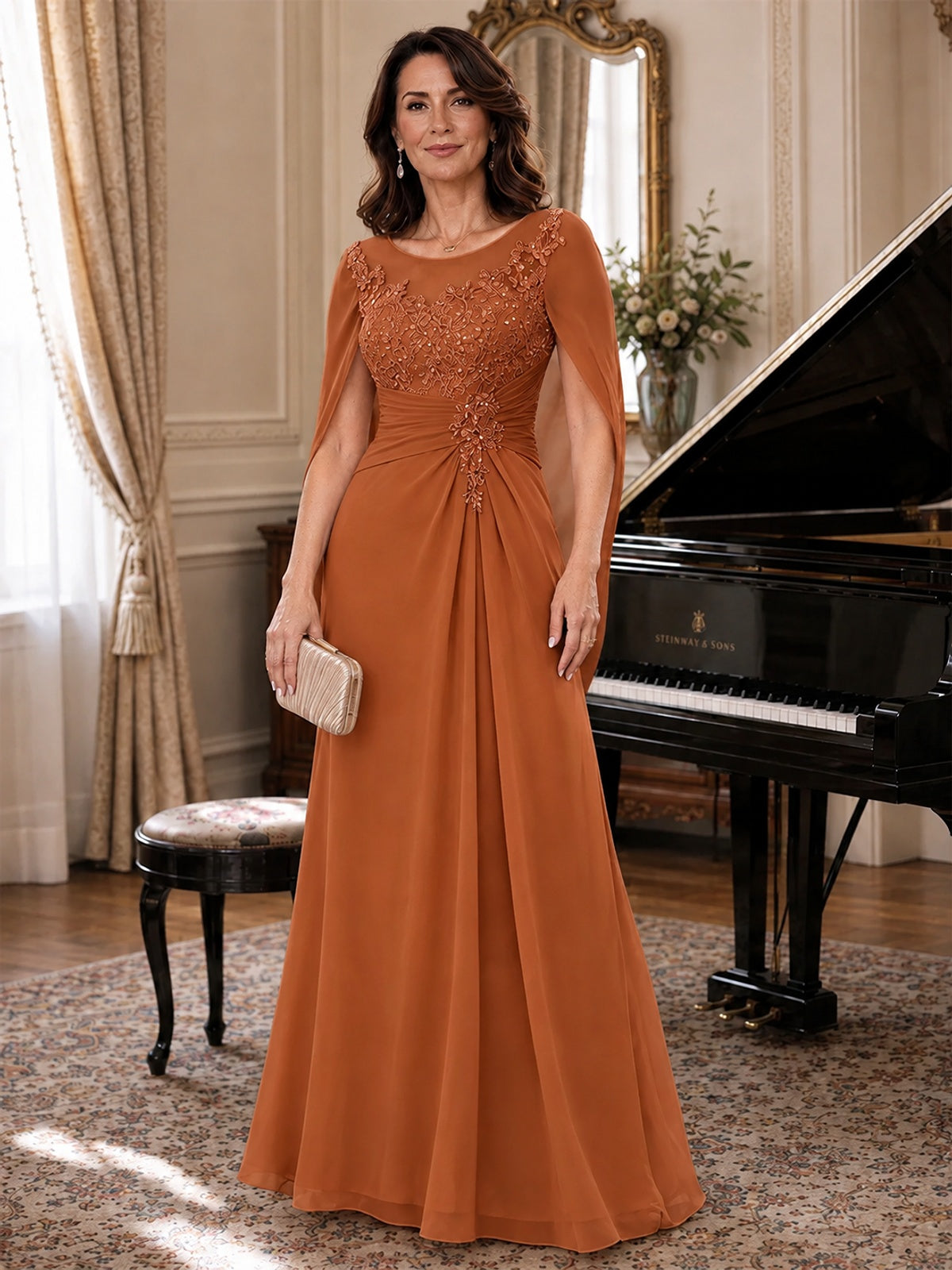 Elegant Applique Chiffon Mother of the Bride Dress with Cape Sleeves