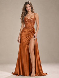 Mermaid Satin Prom Dress with Floral Appliqué Corset and High Slit