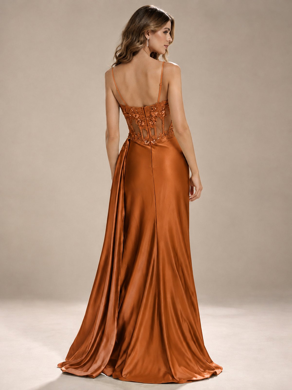 Mermaid Satin Prom Dress with Floral Appliqué Corset and High Slit