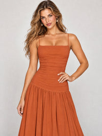 Butter Yellow Ruched Spaghetti Strap Drop-Waist Prom Dress