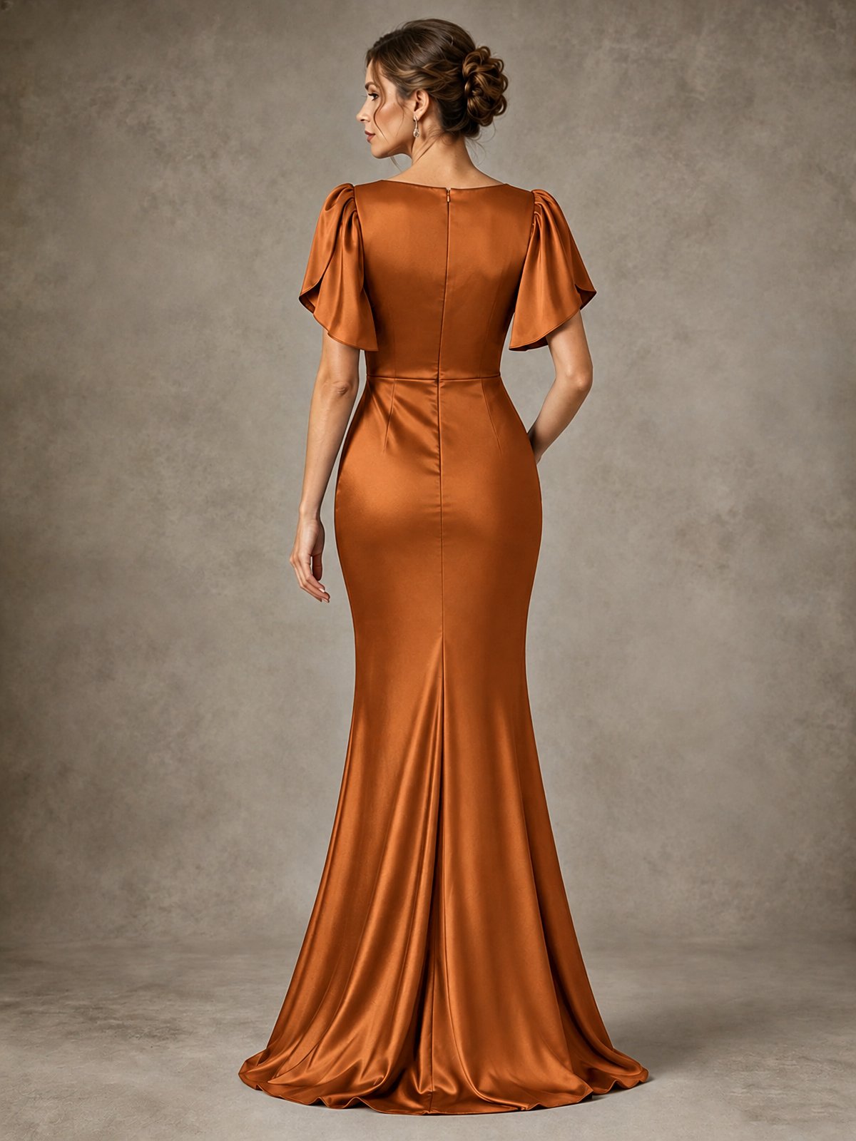 V-Neck Satin Mother of the Bride Dress with Flutter Sleeves
