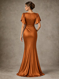 V-Neck Satin Mother of the Bride Dress with Flutter Sleeves