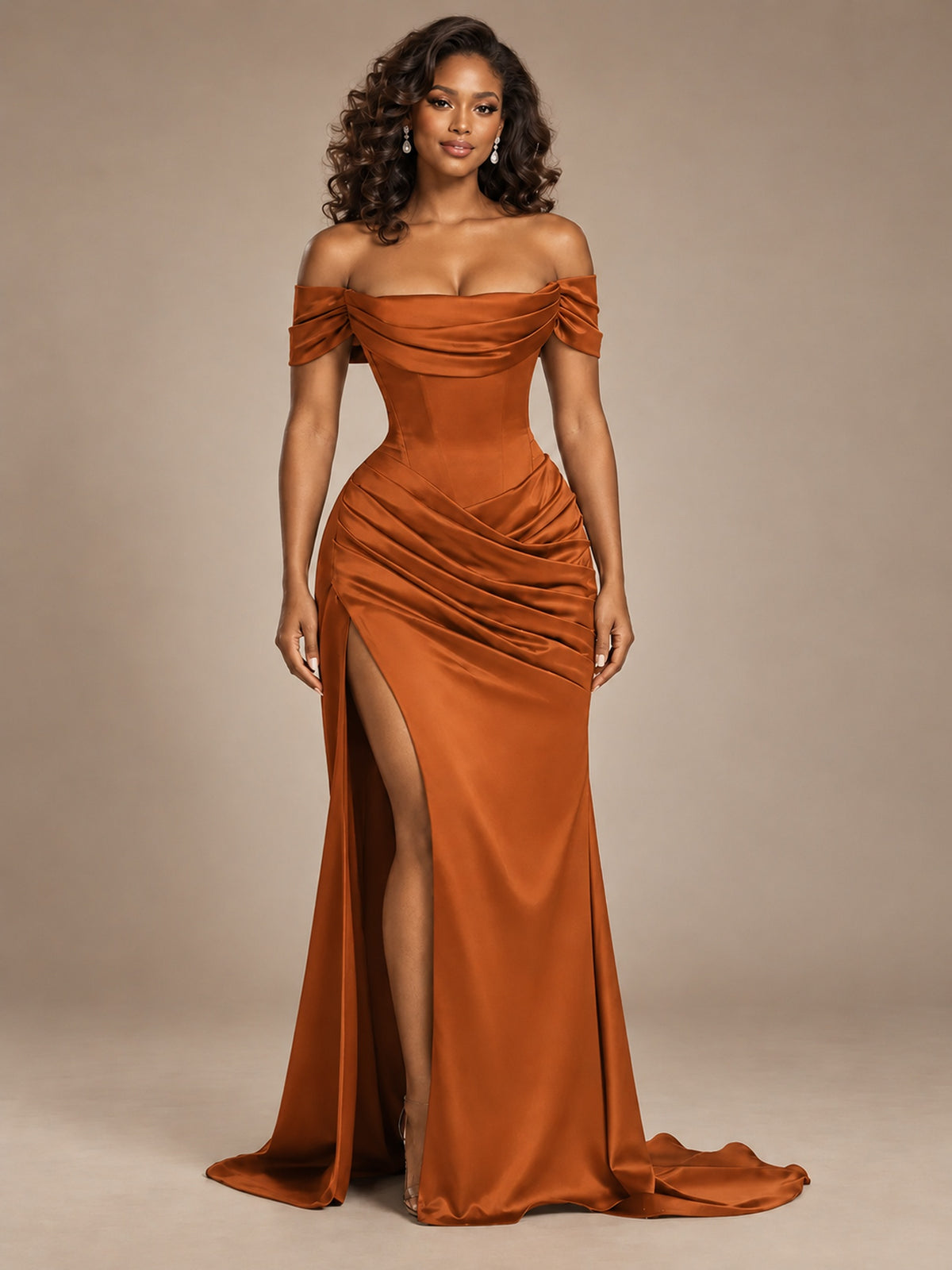 Burgundy Off-the-Shoulder Satin Corset Prom Dress with Slit