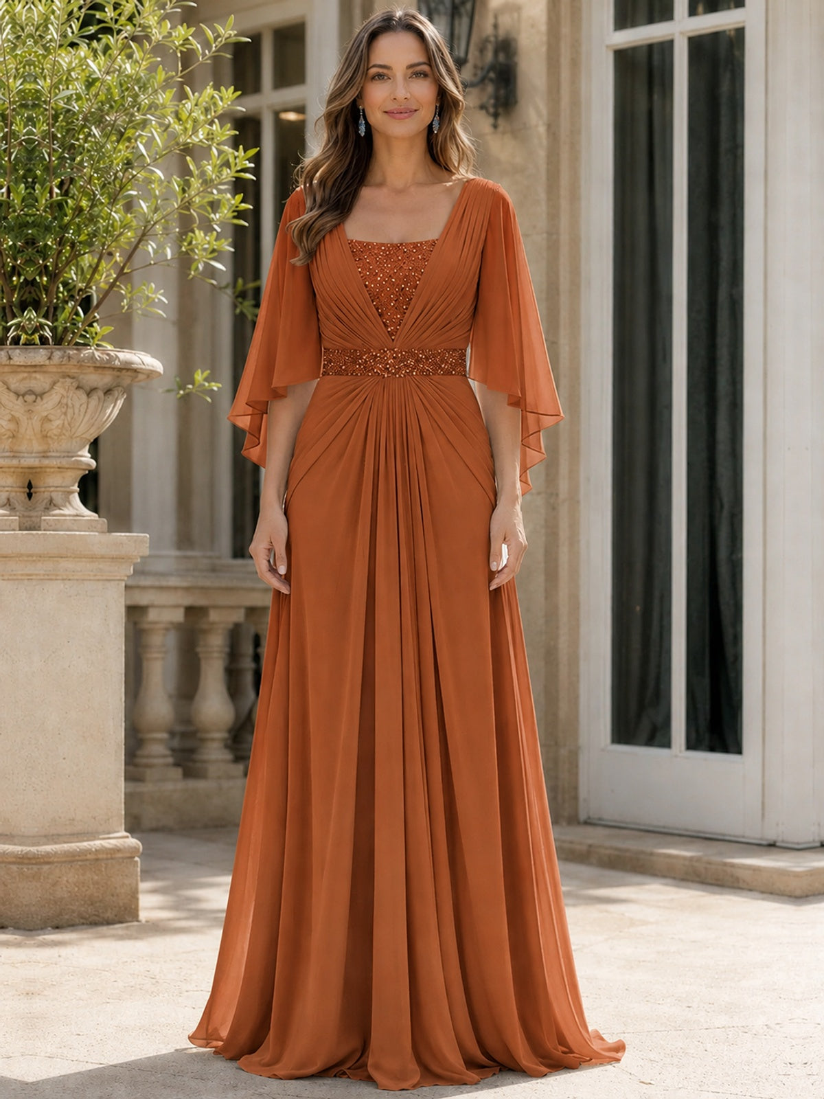 Elegant V-Neck Sequined Chiffon Mother of the Bride Dress with Flutter Sleeves