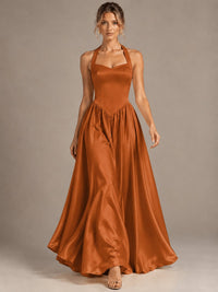 Light Yellow Halter Neck Satin A-Line Maxi Dress with Pockets