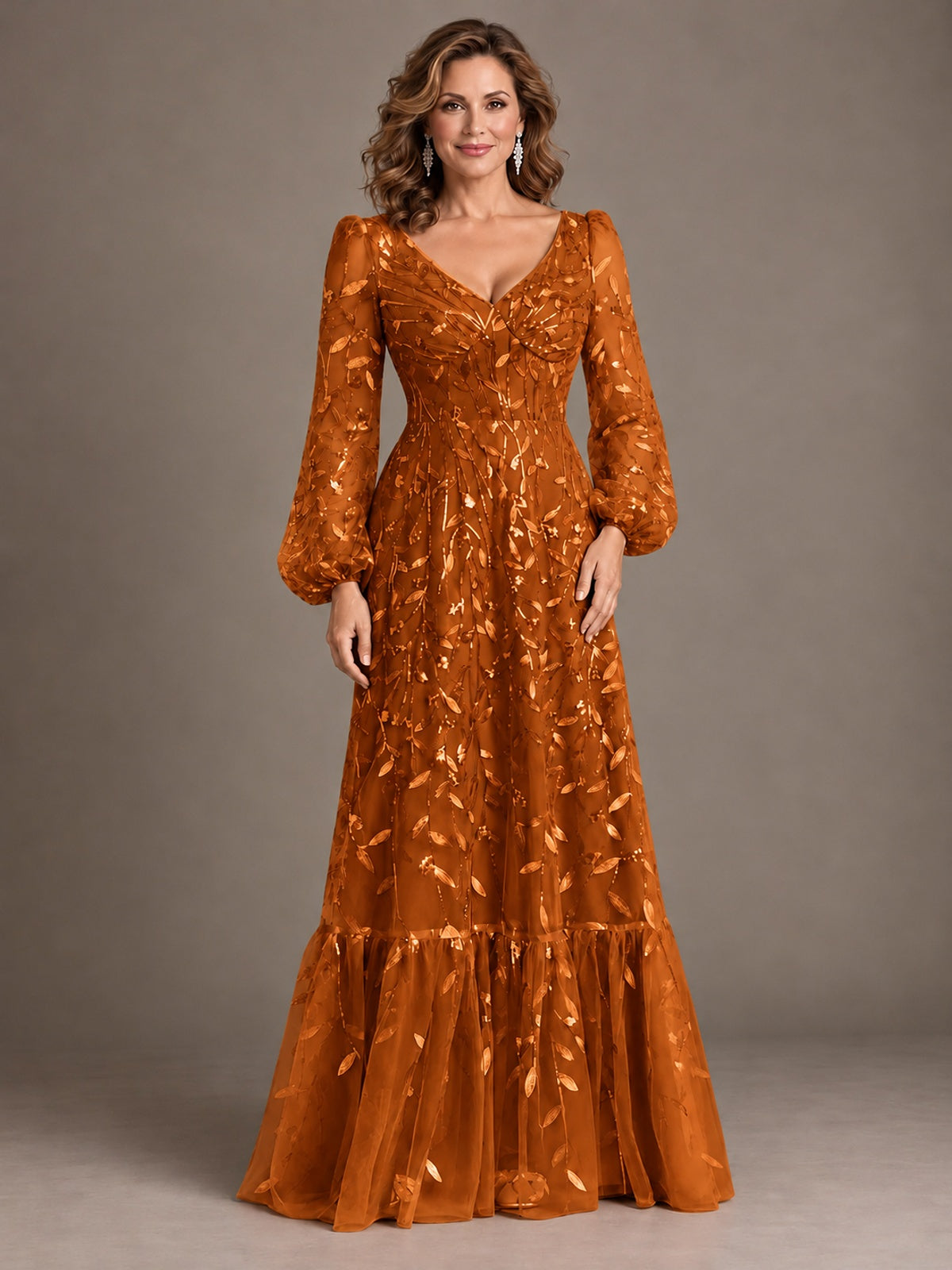 Floral Sequin Embroidered A-Line Mother of the Bride Dress with Long Sleeves