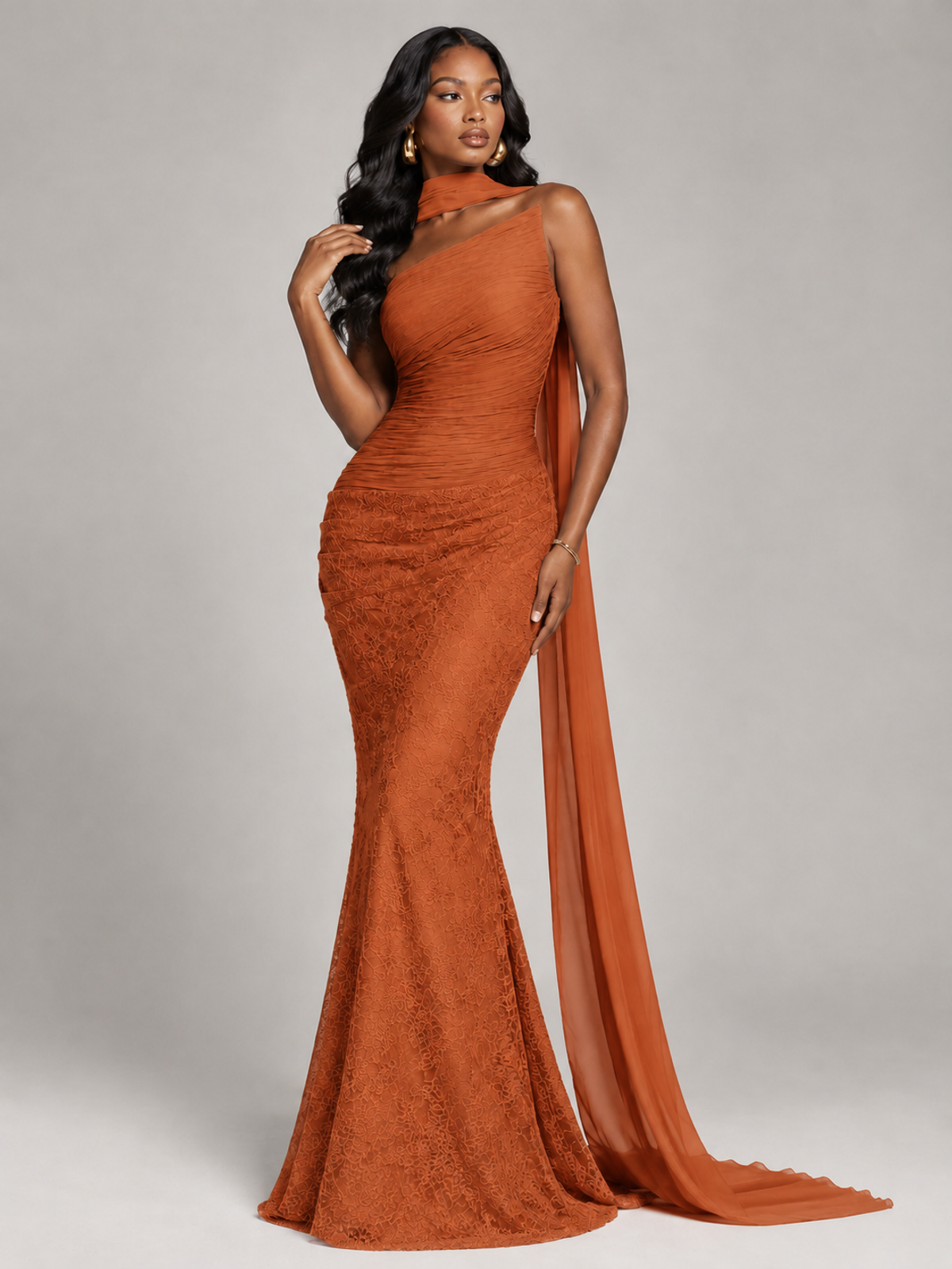 Pleated Chiffon Lace Prom Dresses Long Bodycon Mermaid with Scarf