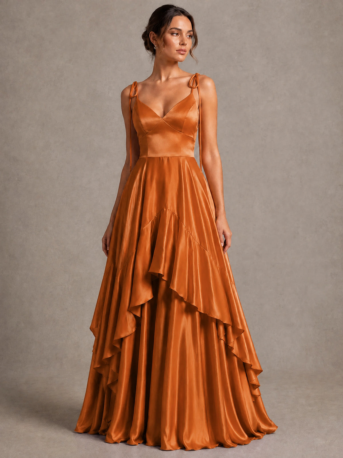 Lavender Satin V-Neck Ruffle Maxi Dress