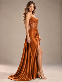 Mermaid Satin Prom Dress with Floral Appliqué Corset and High Slit