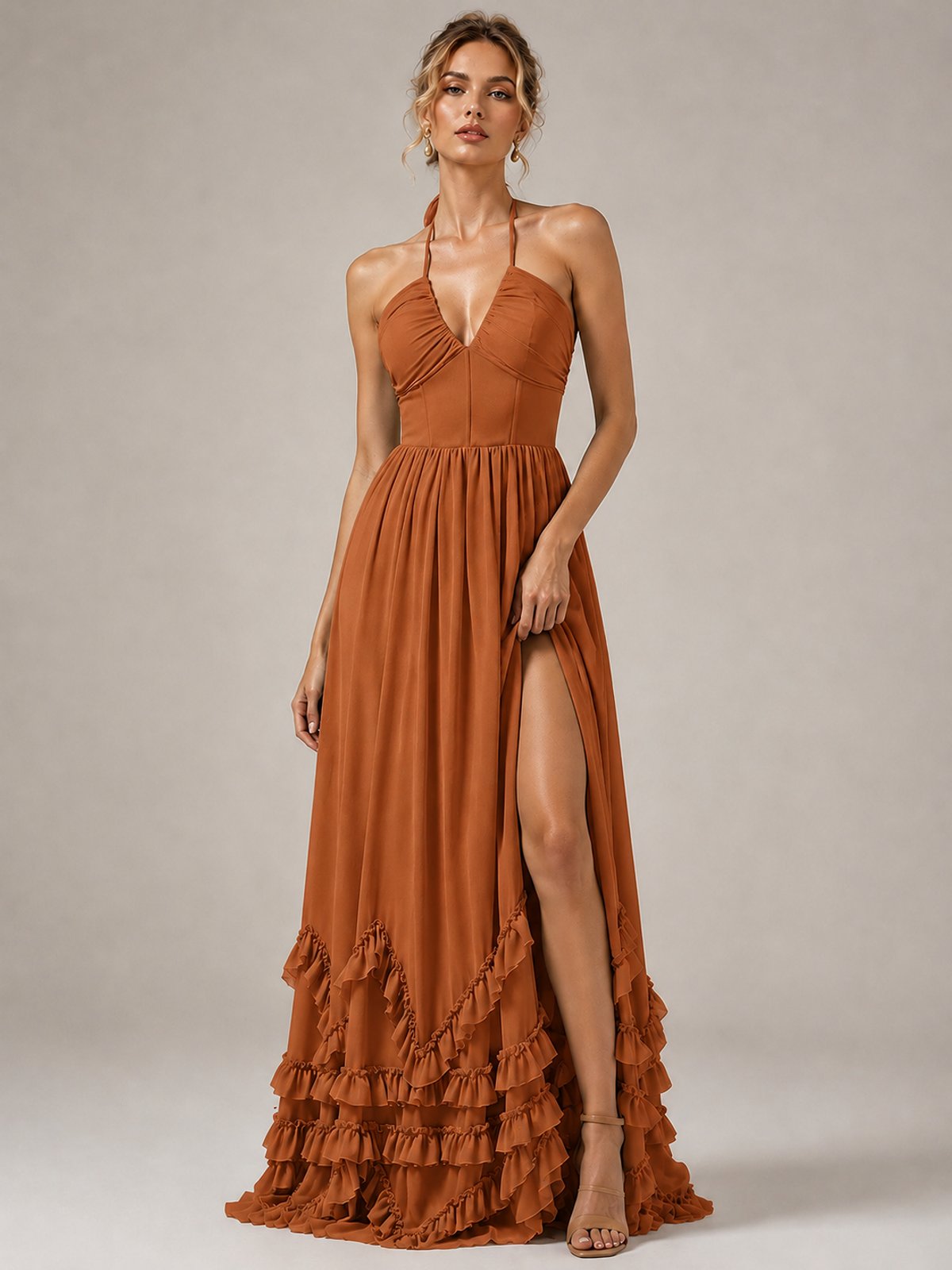 Halter V Neck Chiffon Formal Dress with Lace-Up Back and Ruffle Hem