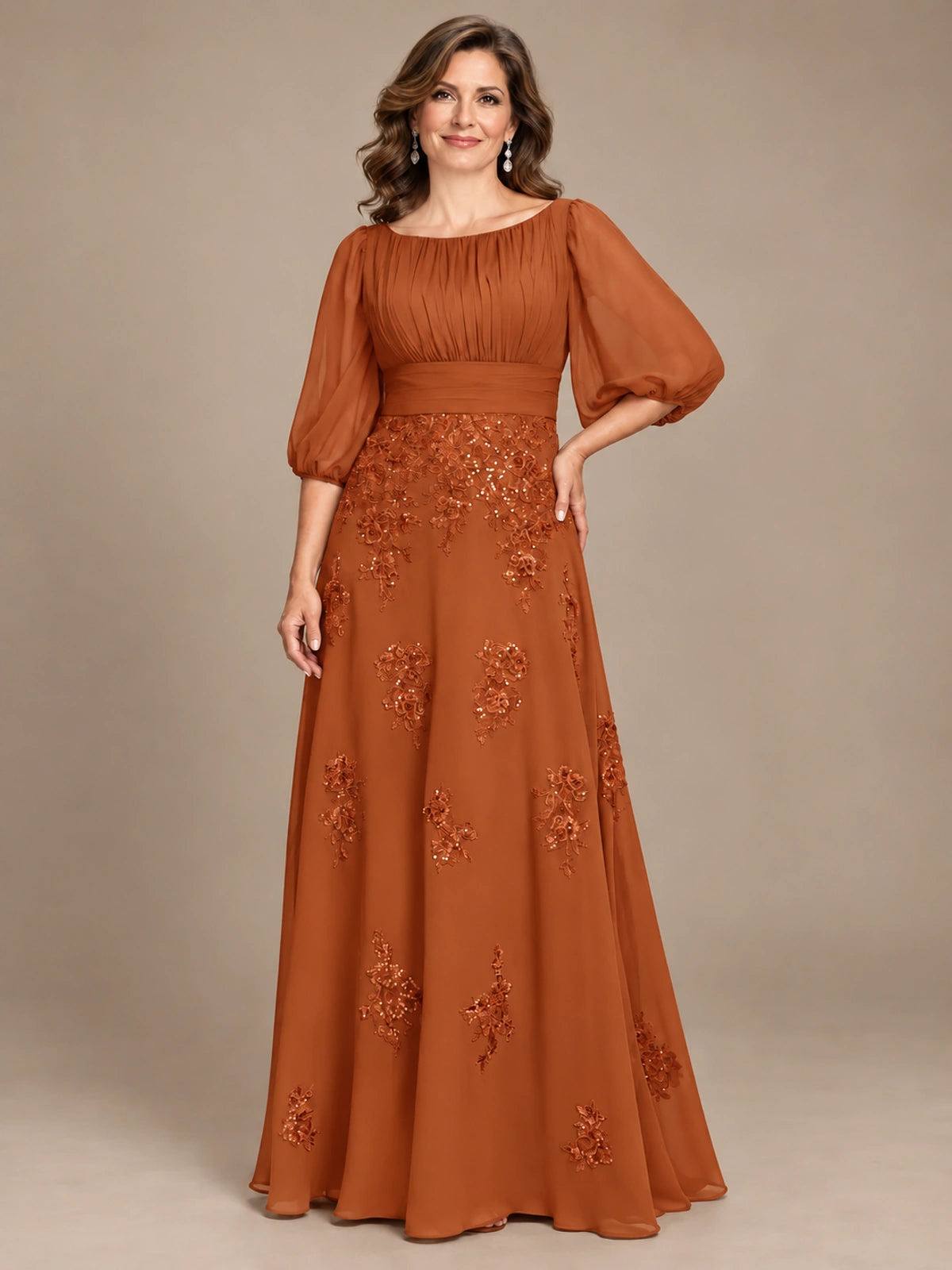 A-Line Mother of the Bride Dress with Sheer Puff Sleeves