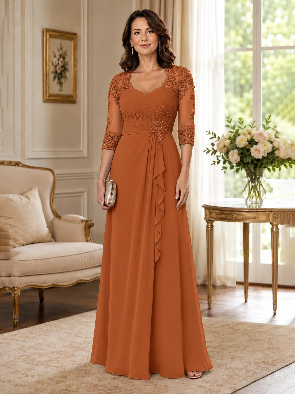 Chiffon Lace Applique Mother of the Bride Dress with 3/4 Sleeves