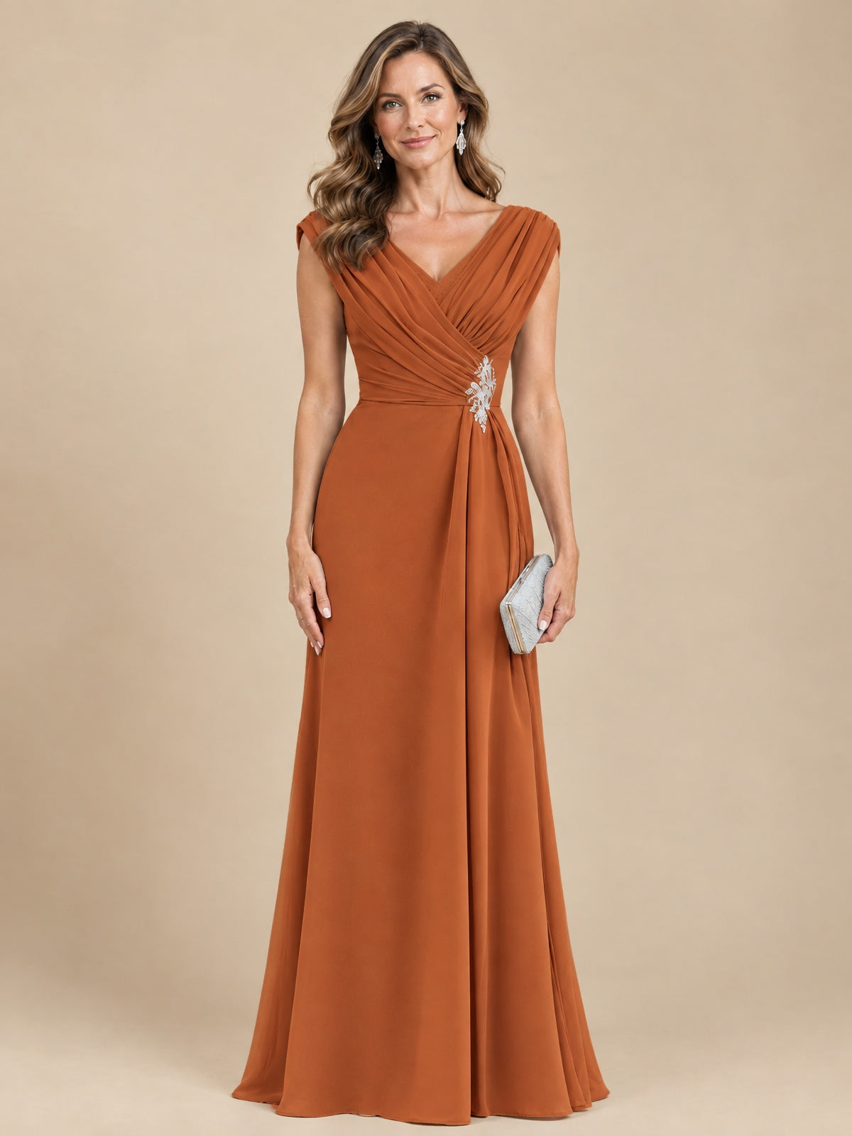 V Neck Pleated Mother of The Bride Dresses with Beading Cap Sleeves
